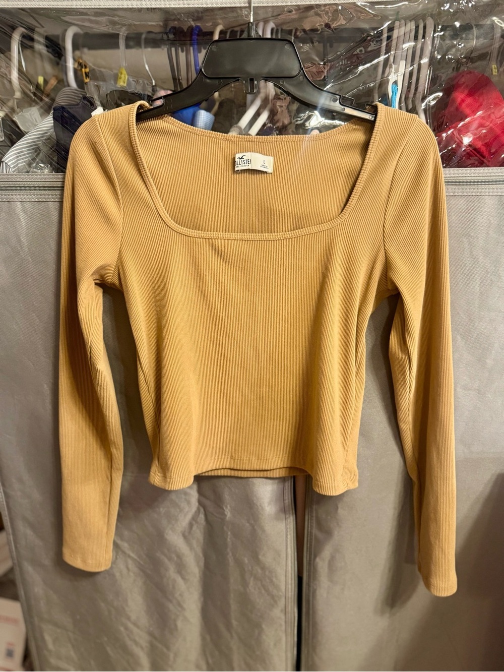 Holster Square-Neck Ribbed Long-Sleeve Top in Camel Large